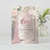 60歳の誕生日お祝いローズゴールドドレスバラの花束 招待状 (スタンド正面)