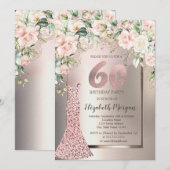 60歳の誕生日お祝いローズゴールドドレスバラの花束 招待状 (正面/裏面)
