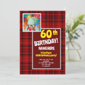 60歳の誕生日お祝い チェック柄 レッド ブラック 招待状 (スタンド正面)