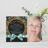 60歳の誕生日お祝い ティールブルー+ゴールド 写真入り 招待状 (スタンド正面)