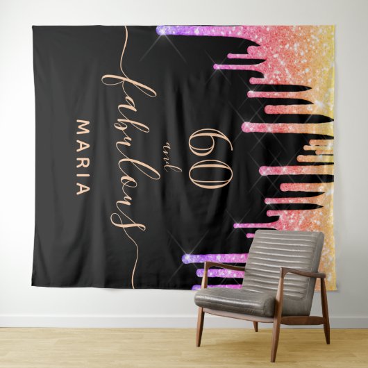 60歳の誕生日におしゃれでゴージャスな黒ピンクパープルゴールド タペストリー (インサイチュ(横))