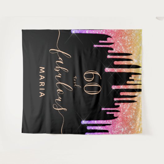 60歳の誕生日におしゃれでゴージャスな黒ピンクパープルゴールド タペストリー (正面(横))