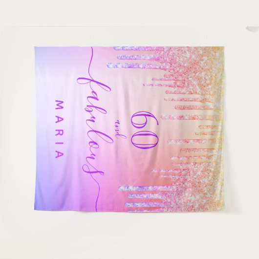 60歳の誕生日におしゃれなピンクとパープルとゴールド タペストリー (正面(横))