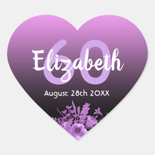 60歳の誕生日に紫色の黒い花 ハートシール (正面)
