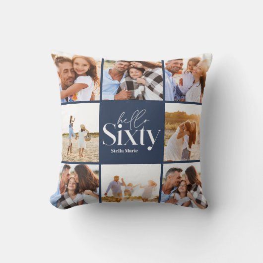 60歳の誕生日のネイビーモダンフォトコラージュシンプル クッション (正面)