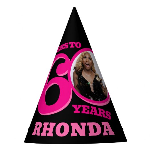 60歳の誕生日の写真パーソナライズされたピンク色の黒 パーティーハット (正面)