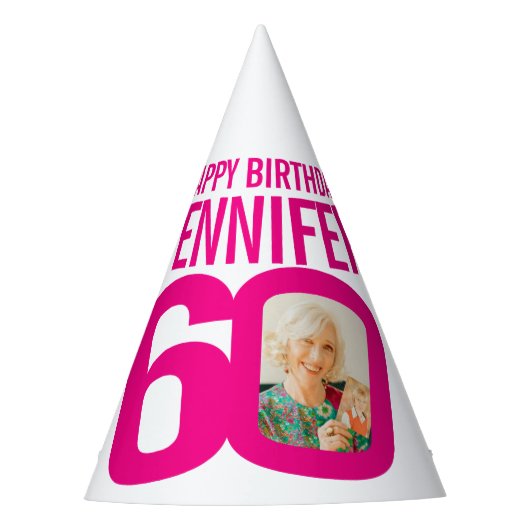 60歳の誕生日の写真ホワイトピパーソナライズされたンク パーティーハット (正面)