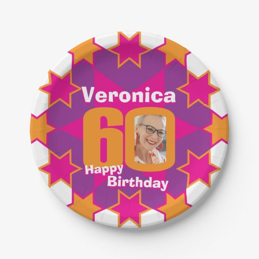 60歳の誕生日の写真名ピンクスター紙プレート ペーパープレート (正面)