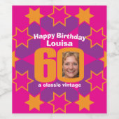 60歳の誕生日の名前ピンクのフォトカスタムワインラベル ワインラベル (シングルラベル)