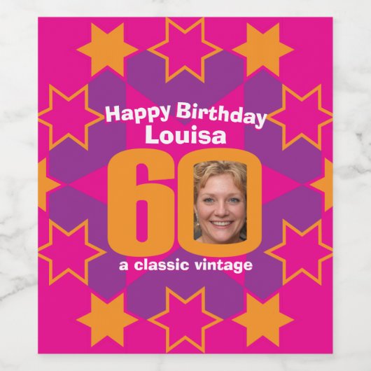 60歳の誕生日の名前ピンクのフォトカスタムワインラベル ワインラベル (シングルラベル)