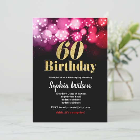 60歳の誕生日の招待グリッターエレガントピンク赤 招待状 (スタンド正面)
