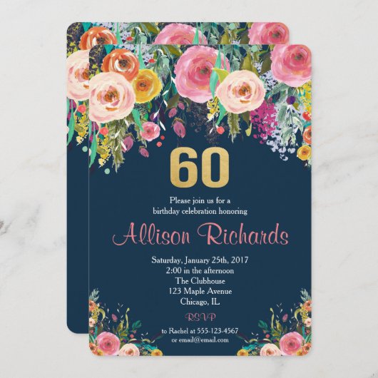 60歳の誕生日の招待フローラ水彩海軍 招待状 (正面/裏面)