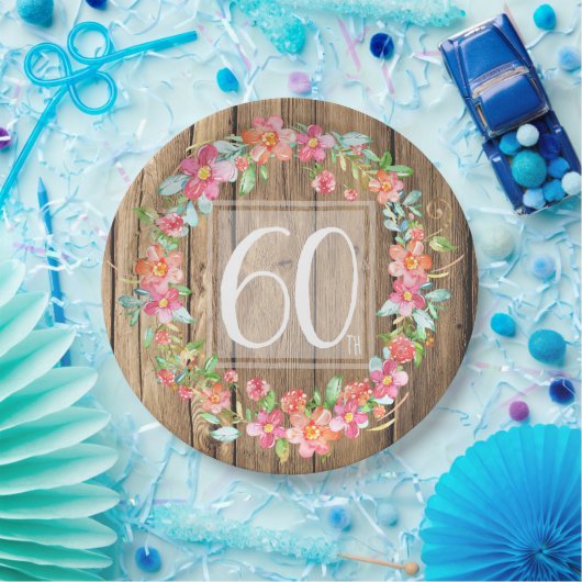 60歳の誕生日の田舎の木の水彩の花 ペーパープレート (パーティー)