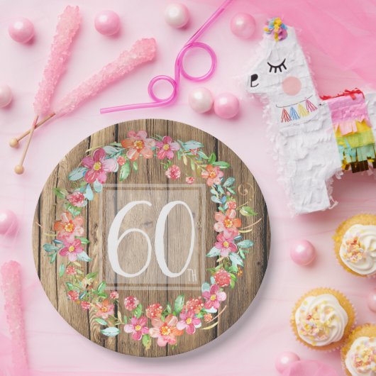 60歳の誕生日の田舎の木の水彩の花 ペーパープレート (パーティー)
