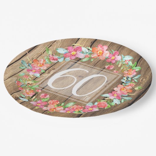 60歳の誕生日の田舎の木の水彩の花 ペーパープレート (アングル)