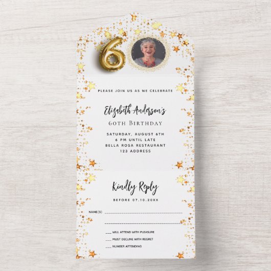 60歳の誕生日の白い金ゴールド星写真パーティーRSVP オールインワン招待状 (内側)