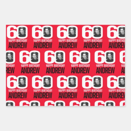 60歳の誕生日の赤い白のルック60カスタムの写真名 ラッピングペーパーシート (正面3)
