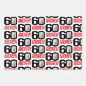 60歳の誕生日の赤い白のルック60カスタムの写真名 ラッピングペーパーシート (正面2)