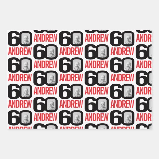 60歳の誕生日の赤い白のルック60カスタムの写真名 ラッピングペーパーシート (正面2)