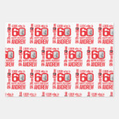 60歳の誕生日の赤い白のルック60カスタムの写真名 ラッピングペーパーシート (正面)