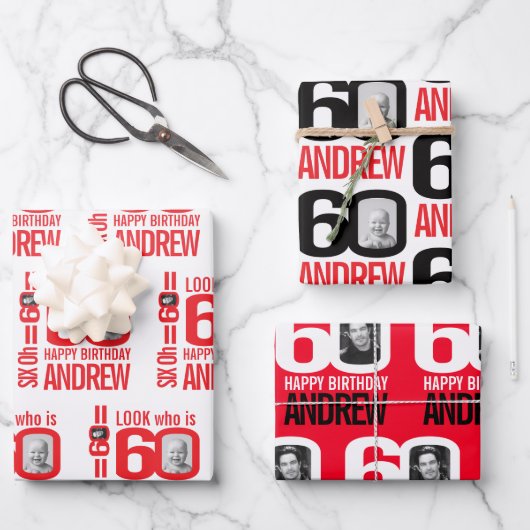 60歳の誕生日の赤い白のルック60カスタムの写真名 ラッピングペーパーシート (正面)