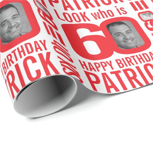 60歳の誕生日の赤の白のルック60カスタムの写真名 ラッピングペーパー (ロールコーナー)