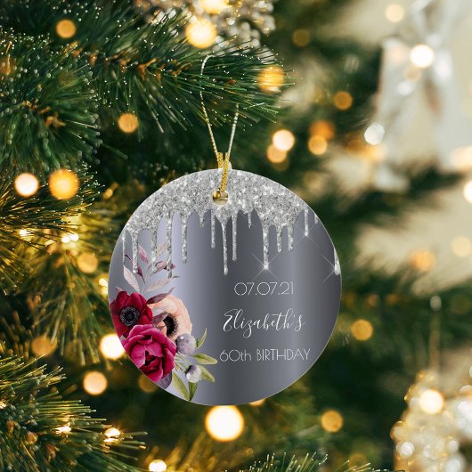60歳の誕生日の銀のグリッターはフローラバーガンを乾燥 セラミックオーナメント