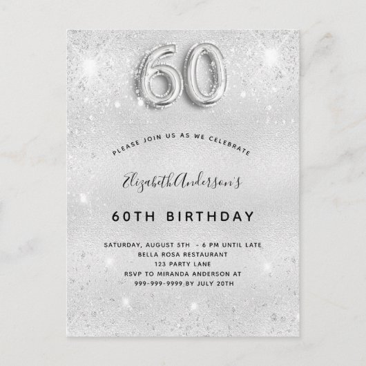 60歳の誕生日の銀の輝く華エレガント色 インビテーションポストカード (正面)