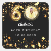 60歳の誕生日の黒い金ゴールド星写真 スクエアシール (正面)