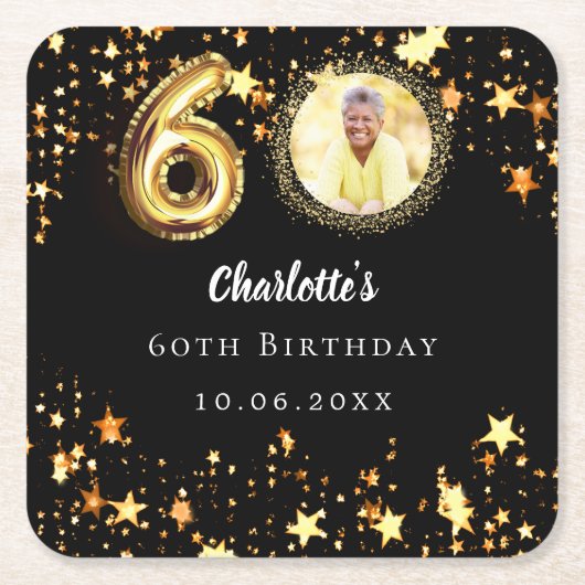 60歳の誕生日の黒い金ゴールド星写真 スクエアペーパーコースター (正面)