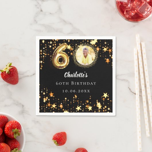 60歳の誕生日の黒い金ゴールド星写真 スタンダードカクテルナプキン (インサイチュ)