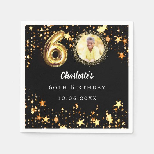60歳の誕生日の黒い金ゴールド星写真 スタンダードカクテルナプキン (正面)