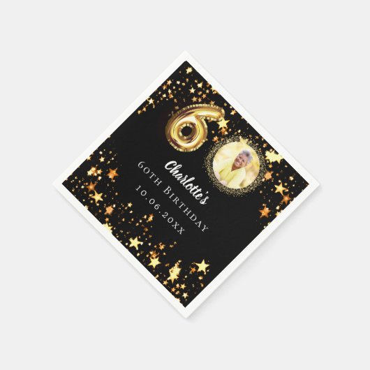 60歳の誕生日の黒い金ゴールド星写真 スタンダードカクテルナプキン (角)