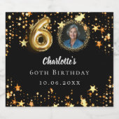 60歳の誕生日の黒い金ゴールド星写真 スパークリングワインラベル (シングルラベル)