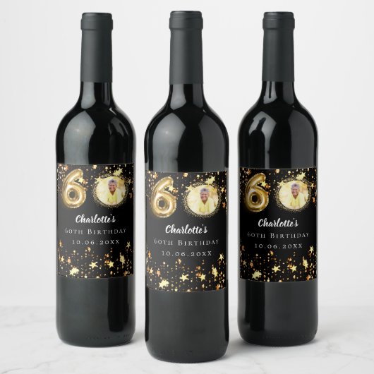 60歳の誕生日の黒い金ゴールド星写真 ワインラベル (ボトル)