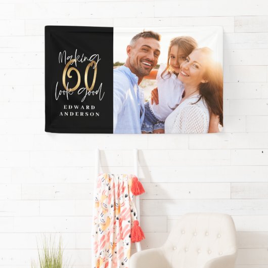 60歳の誕生日の黒と金ゴールドの写真デコーラー 横断幕 (インサイチュ)