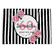 60歳の誕生日の黒ストライプいバラの名前 ラージペーパーバッグ (正面)