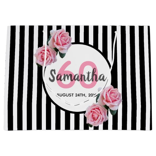 60歳の誕生日の黒ストライプいバラの名前 ラージペーパーバッグ (正面)
