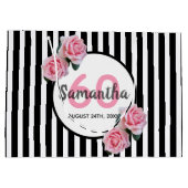 60歳の誕生日の黒ストライプいバラの名前 ラージペーパーバッグ (裏面)