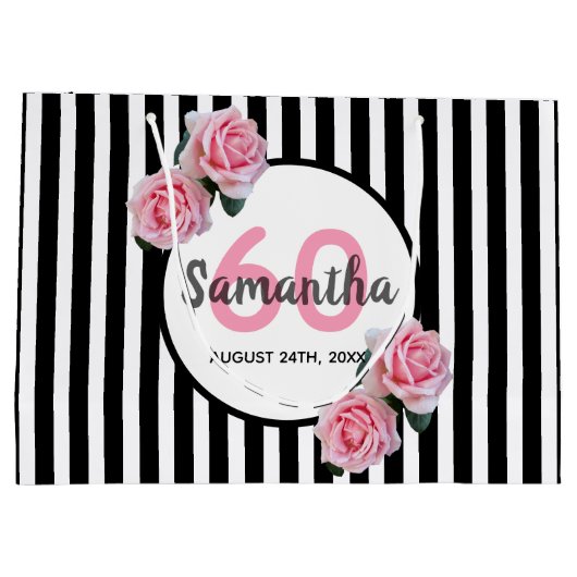 60歳の誕生日の黒ストライプいバラの名前 ラージペーパーバッグ (裏面)