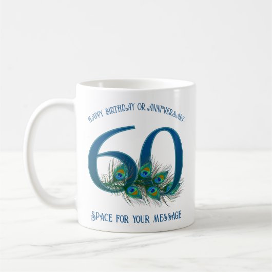 60歳の誕生日または記念日のクジャクの羽 コーヒーマグカップ (左)
