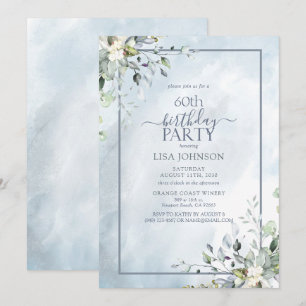 60歳の誕生日を祝うダスティーブルーの植物グリーン 招待状
