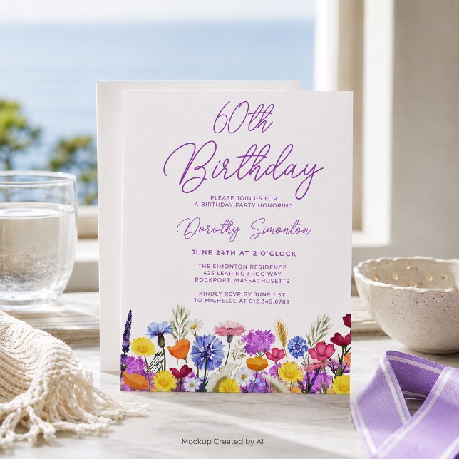 60歳の誕生日を祝うパープルのワイルドフラワー招待状 (クリエイターアップロード済み)