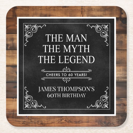 60歳の誕生日を祝う男の伝説 ブラック スクエアペーパーコースター (正面)
