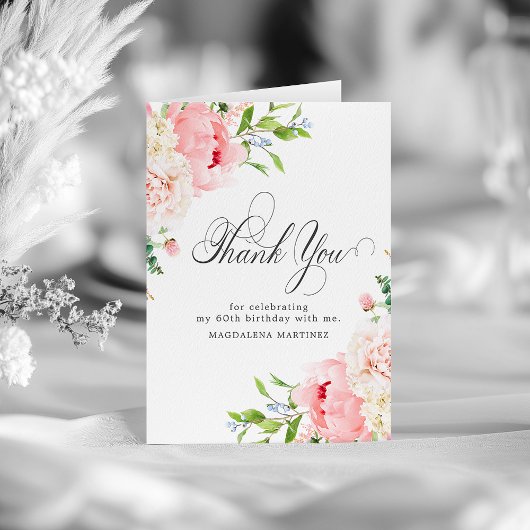 60歳の誕生日を祝う、優しいピンクの芍薬の花の折り紙 サンキューカード