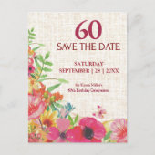 60歳の誕生日を祝うBold Floral Linen Save the Date 案内ポストカード (正面)