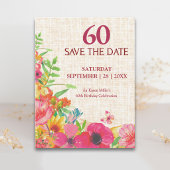 60歳の誕生日を祝うBold Floral Linen Save the Date 案内ポストカード