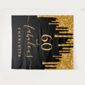 60歳の誕生日を飾るゴージャスなグリッター ブラック ゴールド スパークル タペストリー (正面(横))