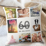 60歳の誕生日カスタム写真コラージュ女性ホワイト クッション<br><div class="desc">60歳ユニークの女性のための贈り物祝、あなたの写真、写真の8のコラージュで彼女の人生。パーソナライズして彼女の名前、年齢60と日付を追加。シックな白い背景。グレーと黒の文字と数字。名前は手書文字のスタイルスモダンクリプト付き。</div>