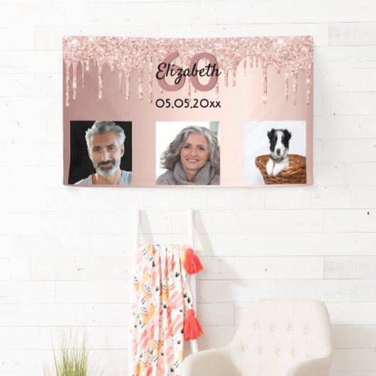 60歳の誕生日カスタム写真バラ金ゴールドピンクグリッター 横断幕 (インサイチュ)